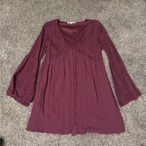 Maroon Long Sleeve Button-Down Dress